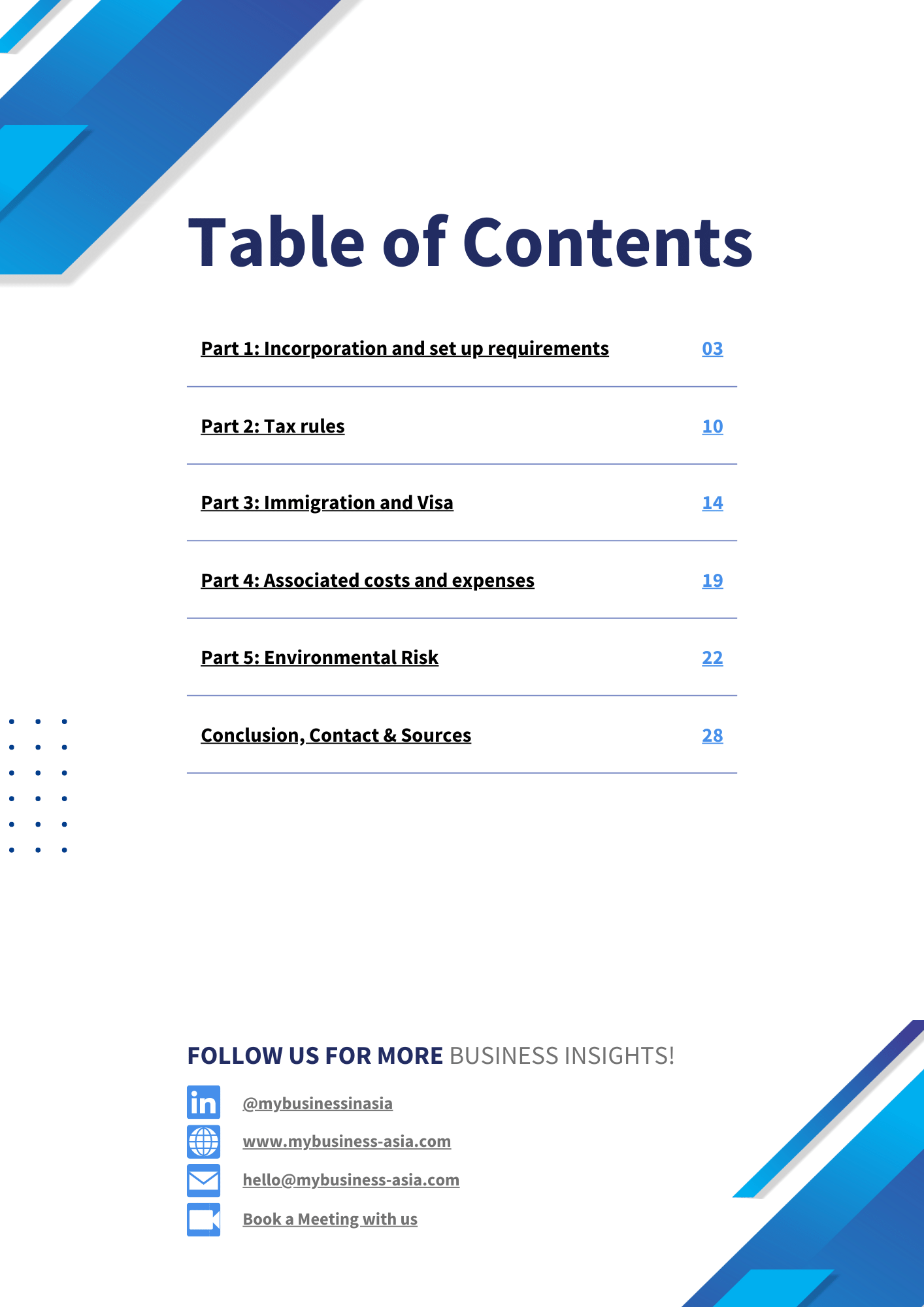 The table of content of the Guide on Setting Up Your Tech Startup in Asia